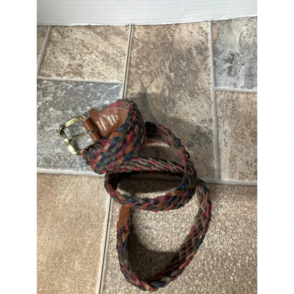 Woven Leather Belt Multicolored Braided Genuine Leather Brass Buckle Small‎